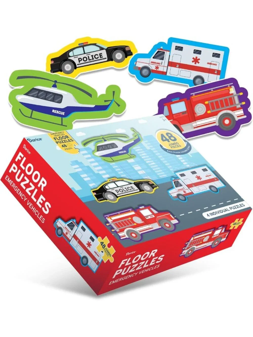 Emergency Vehicles 4-in-1 Floor Puzzles for Kids - Fire Truck, Police Car